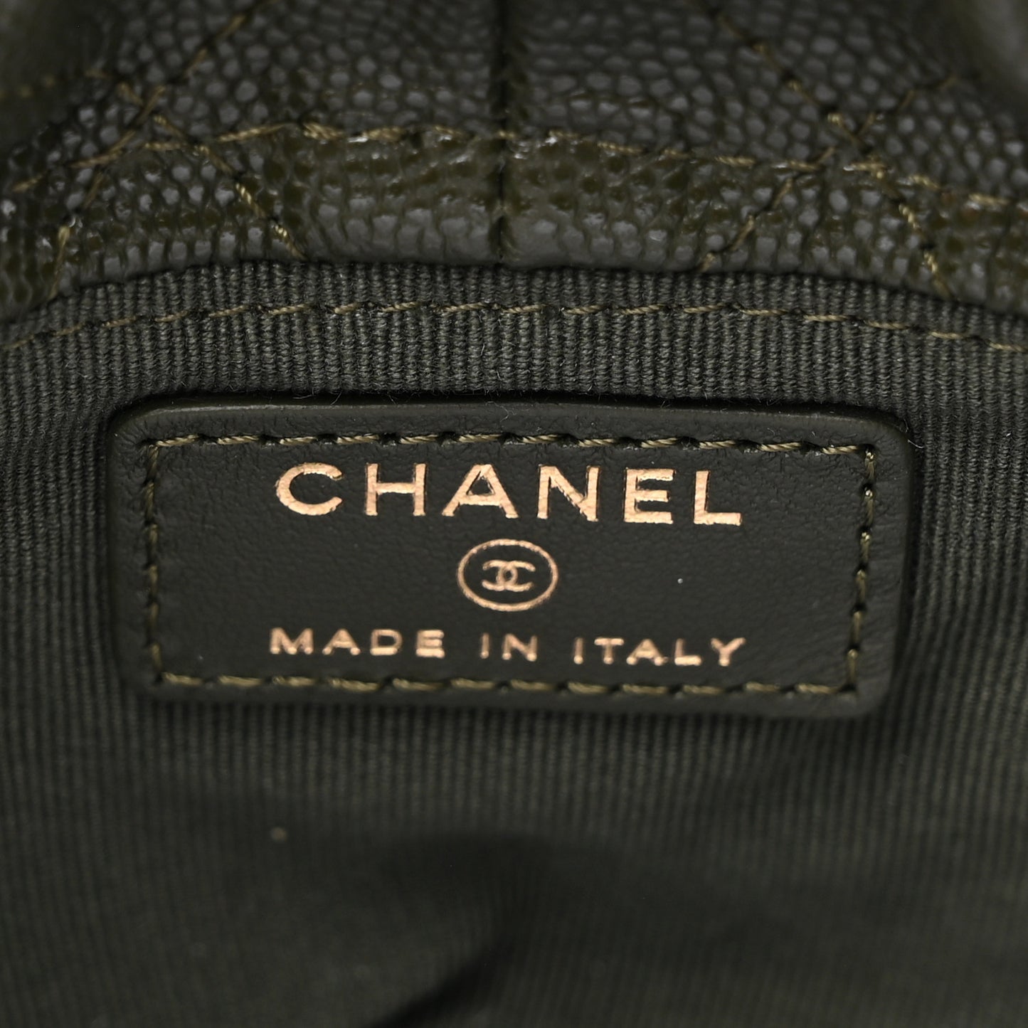 Caviar Quilted Coco First Bucket Clutch With Chain Khaki