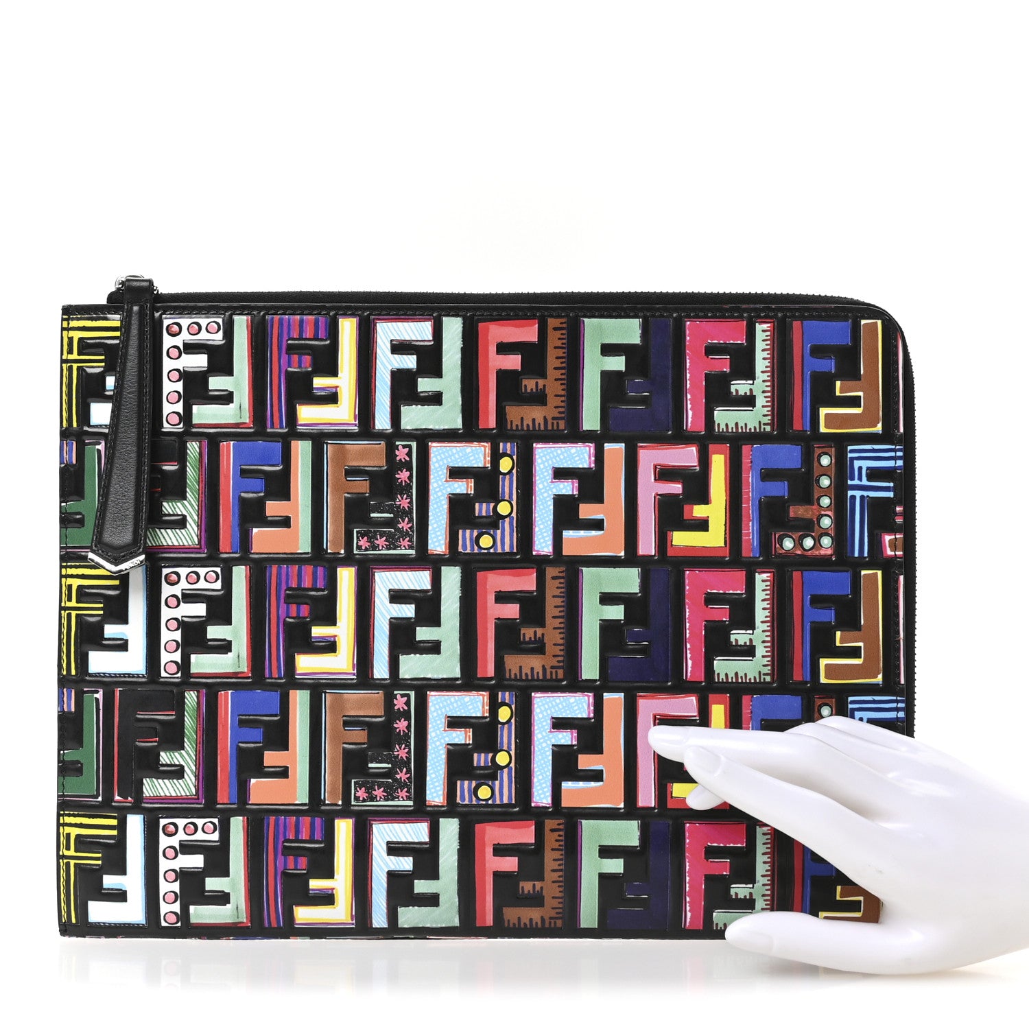 Fendi Vitello Dolce Fun Fair Embossed Zip Around Pouch Black Multicolor 2 of 8