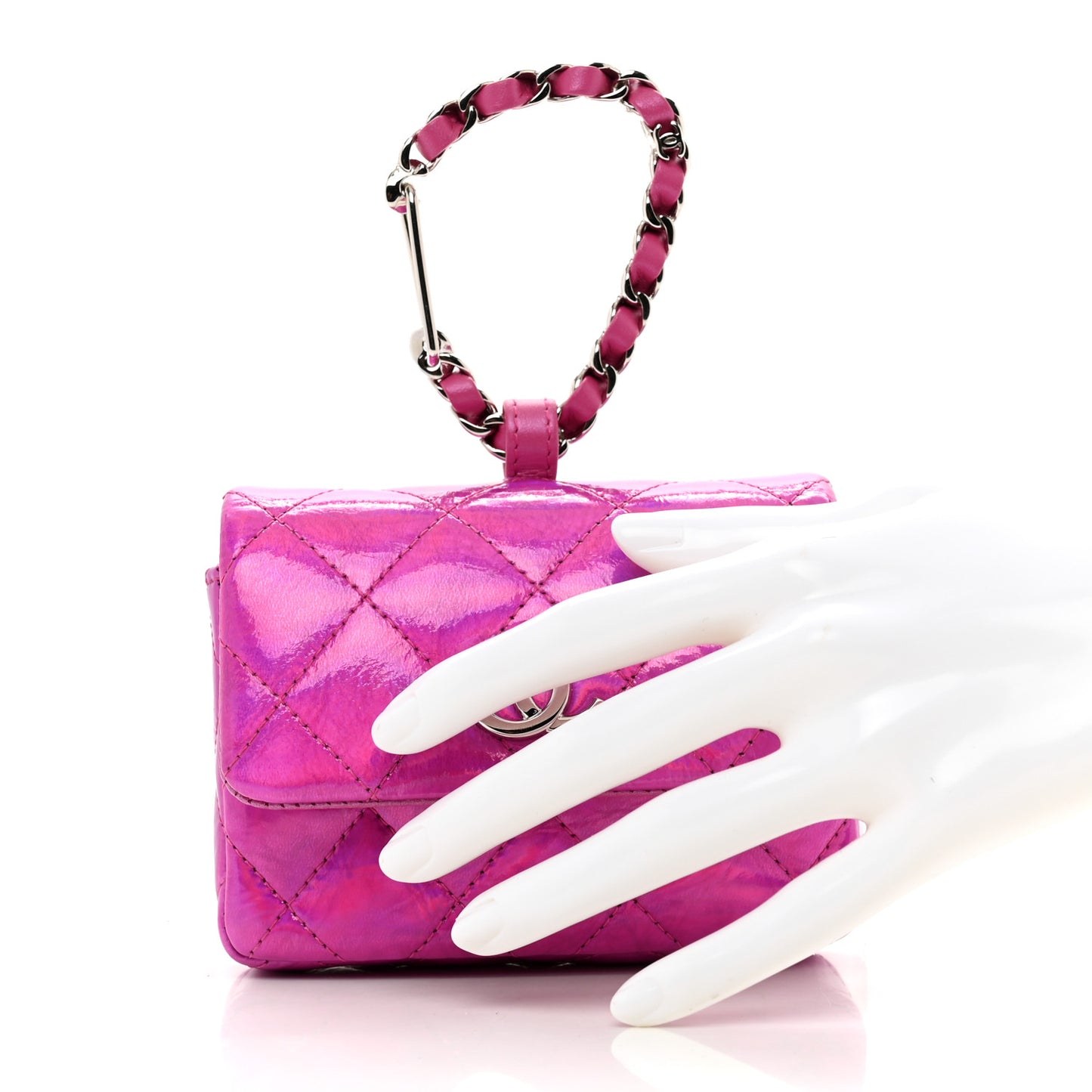 Patent Lambskin Quilted CC Hook Card Holder Pink