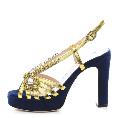 Gucci Velvet Nappa Crystal Zephyra Slingback Platform High Heel Sandals 35.5 Blue Gold 1 of 8