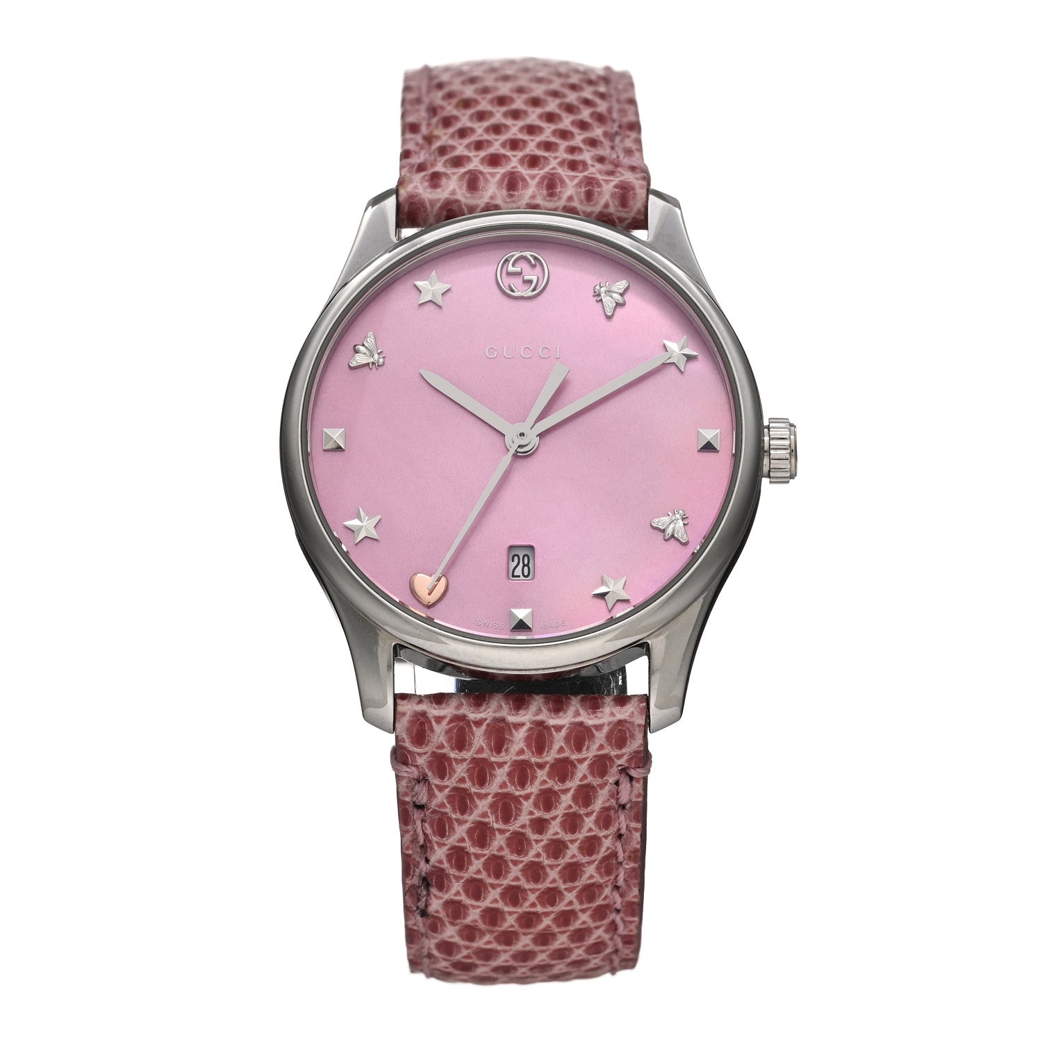 Gucci Stainless Steel Lizard Pink Mother of Pearl 29mm G-Timeless Charm Quartz Watch 1 of 4