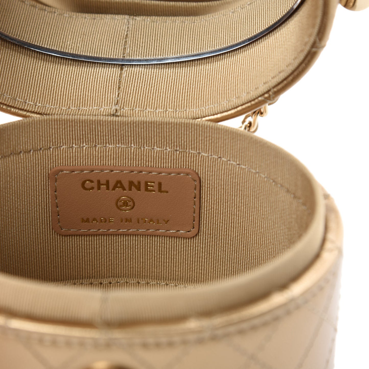 Metallic Lambskin Quilted Round Mini Vanity Case With Chain Gold