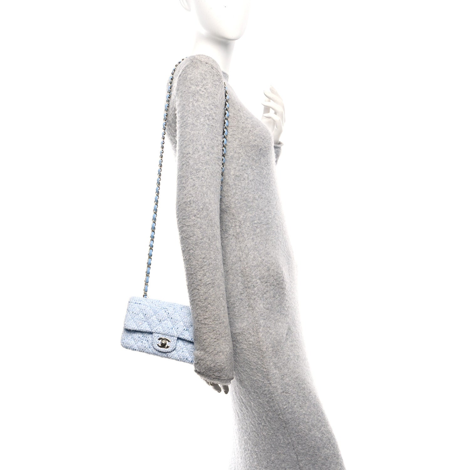 Chanel Tweed Quilted Mini Rectangular Flap Blue White Silver 2 of 12