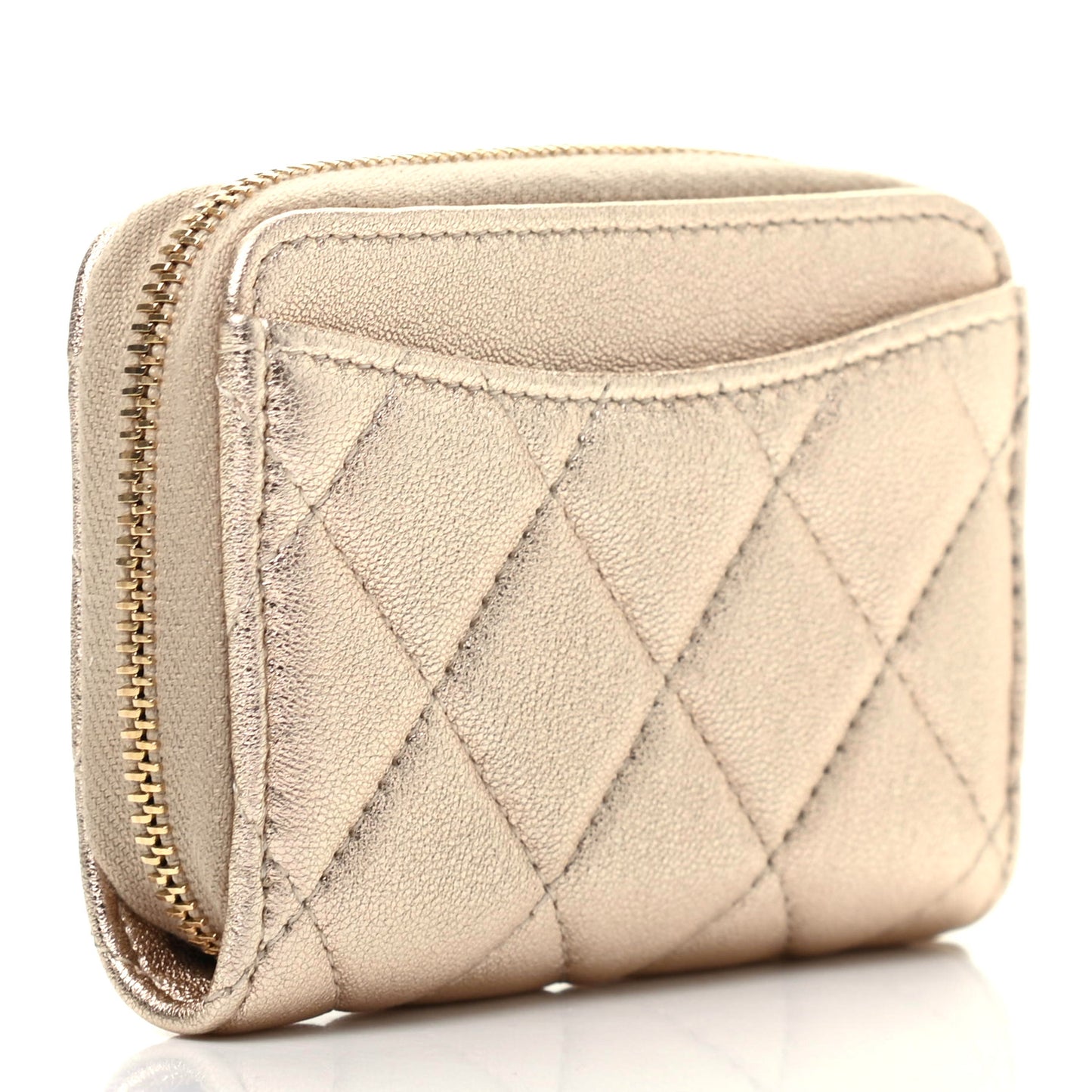 Metallic Lambskin Quilted Zip Coin Purse Wallet Gold