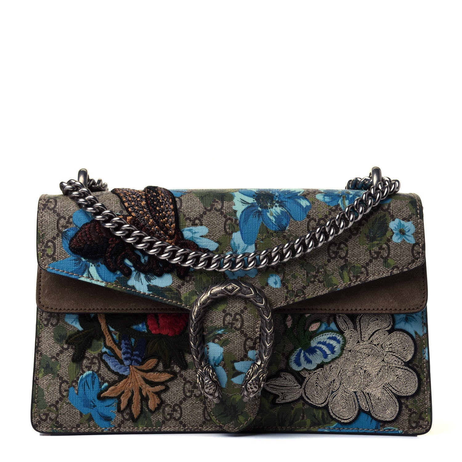 Gucci GG Supreme Monogram Blooms Print Embroidered Small Dionysus Shoulder Bag Blue Taupe 1 of 4
