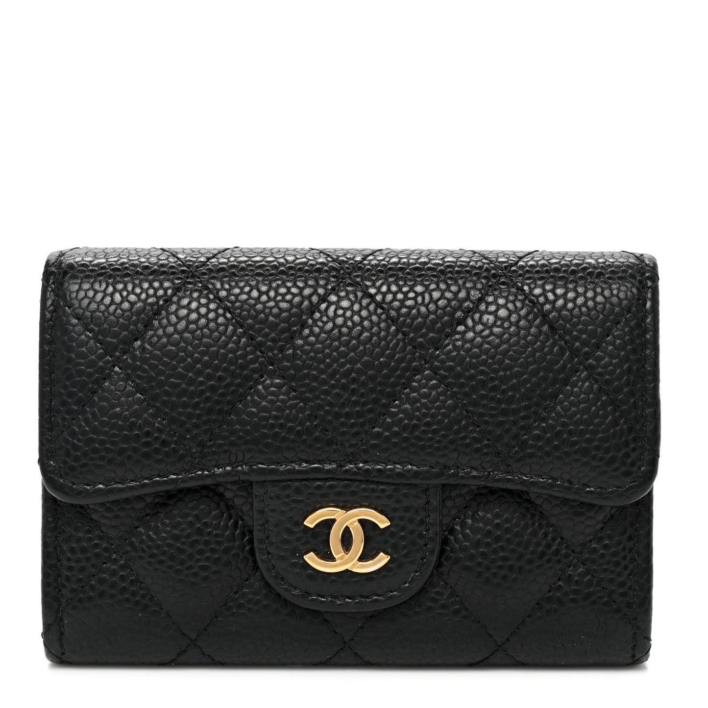 Caviar Quilted Flap Card Holder Wallet Black