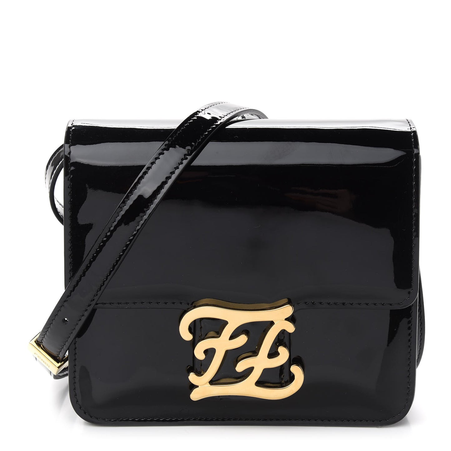 Vitello Vernice Mou Karligraphy Crossbody Bag Black