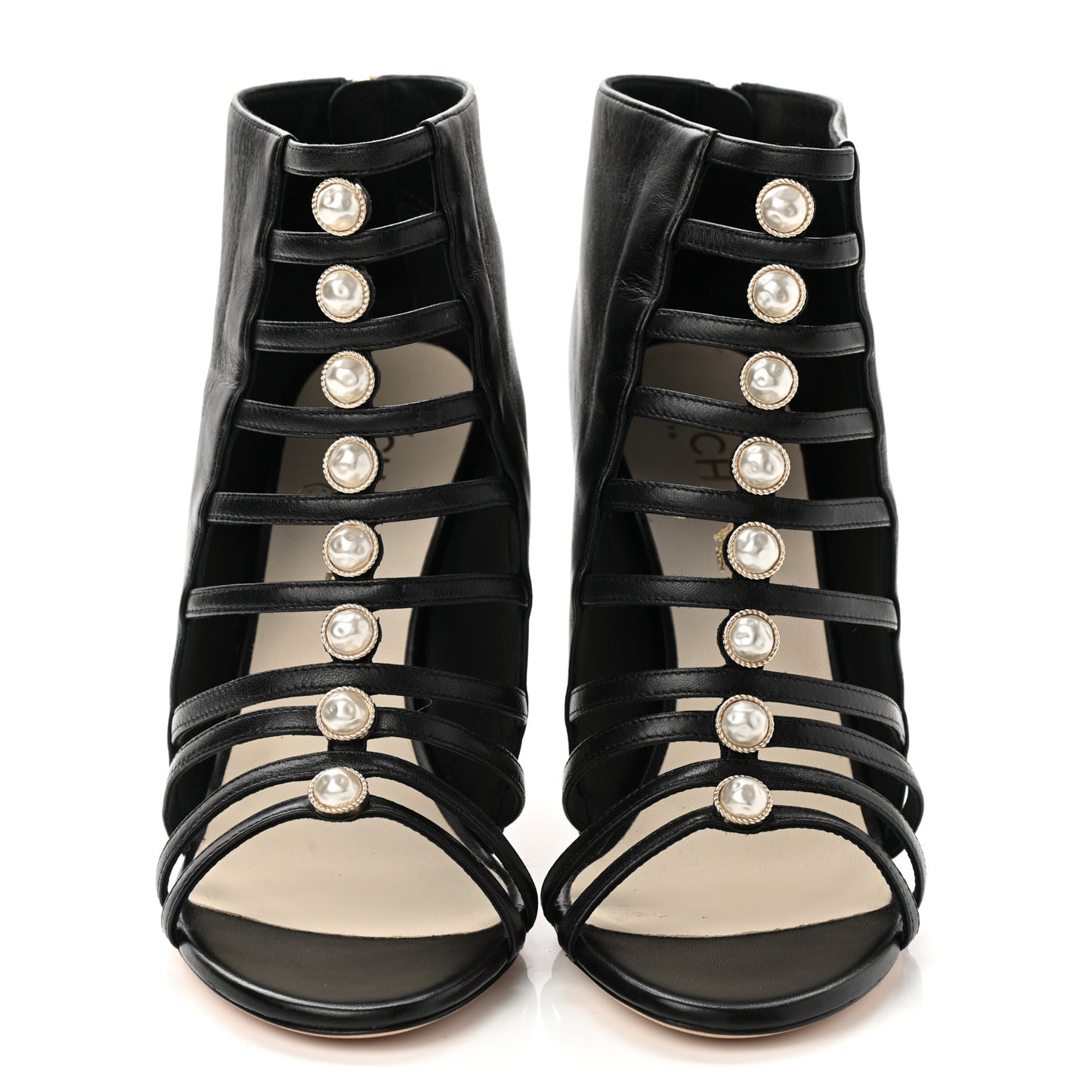 Lambskin Pearl Open Toe Caged Ankle Boots 39 Black