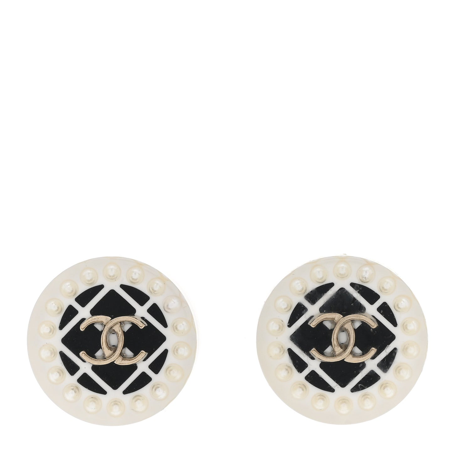 Resin Pearl Round CC Earrings White Black Gold