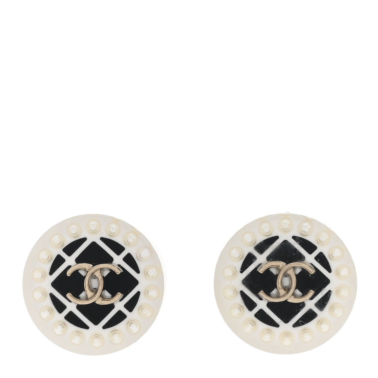 Chanel Resin Pearl Round CC Earrings White Black Gold 1 of 4