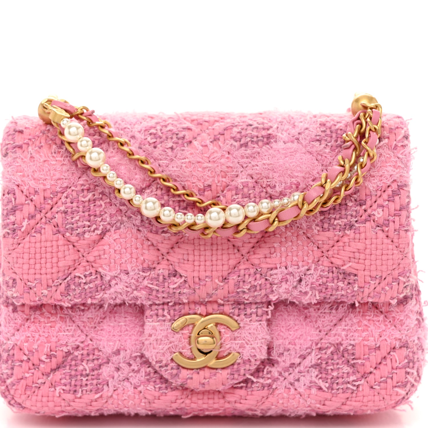 Chanel Tweed Quilted Pearl Twist Mini Square Flap Pink Dark Pink 8 of 11