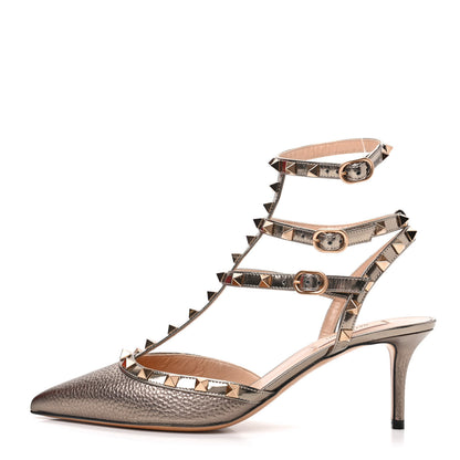 Valentino Garavani Metallic Pebbled Calfskin Patent Rockstud Ankle Strap 65mm Pumps 39.5 Skin 1 of 9