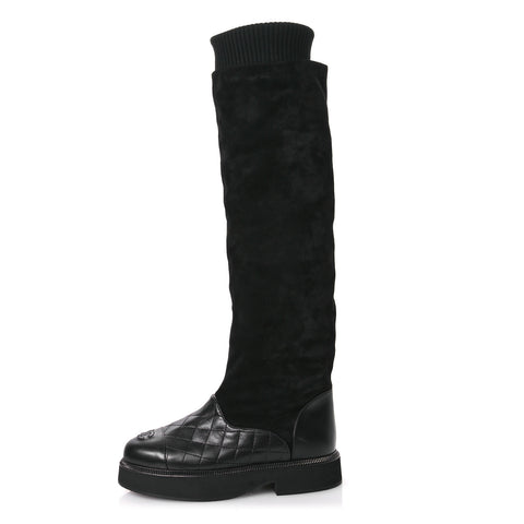 Suede Lambskin Calfskin Knit Womens High Boots 37 Black