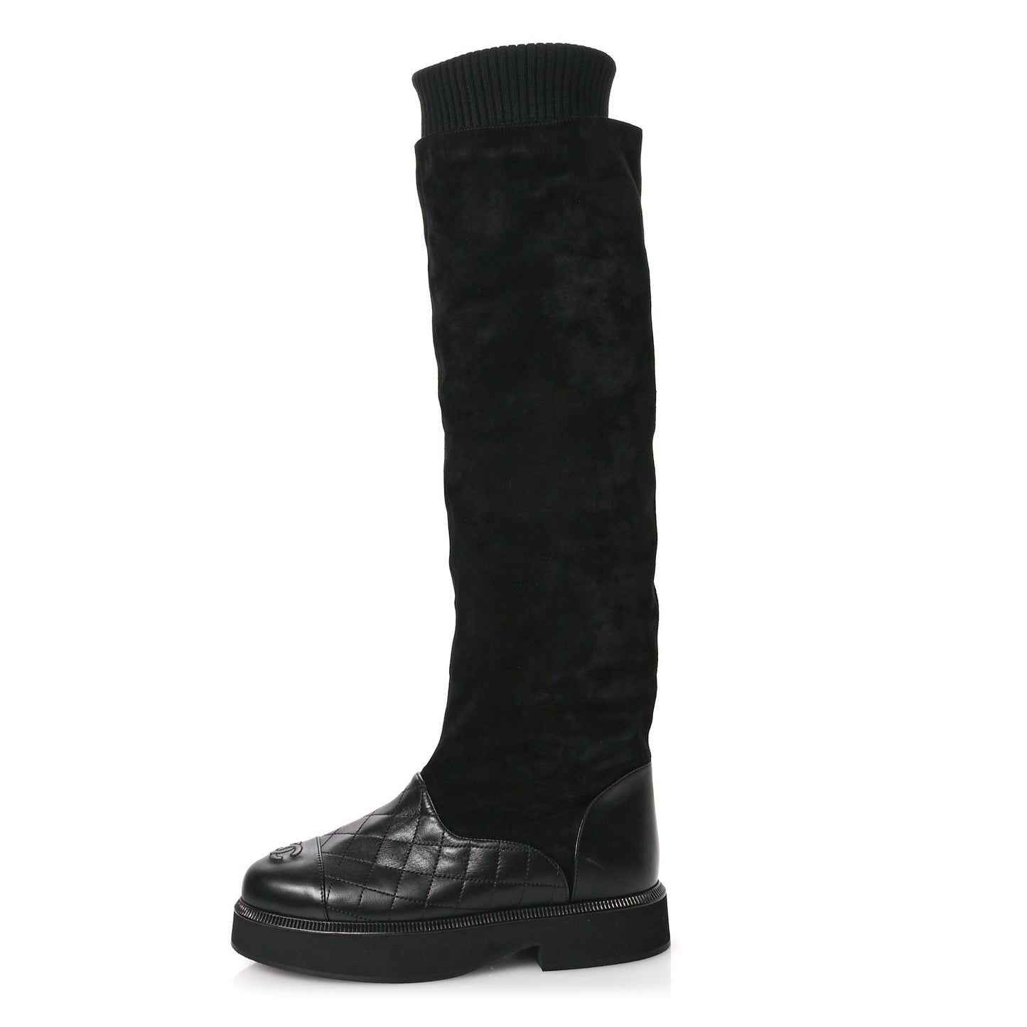 Suede Lambskin Calfskin Knit Womens High Boots 37 Black