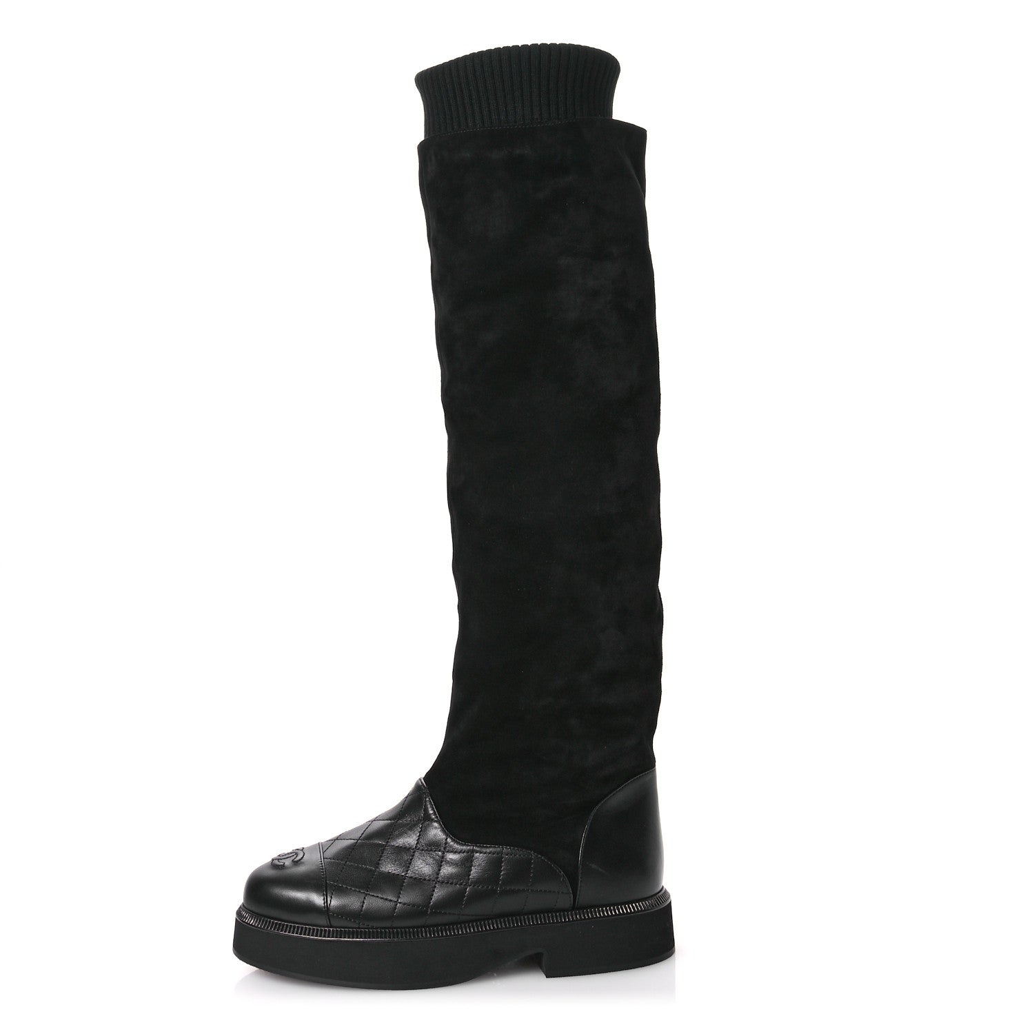 Chanel Suede Lambskin Calfskin Knit Womens High Boots 37 Black 1 of 8