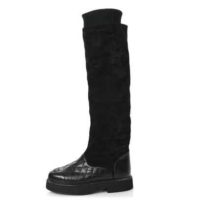 Chanel Suede Lambskin Calfskin Knit Womens High Boots 37 Black 1 of 8