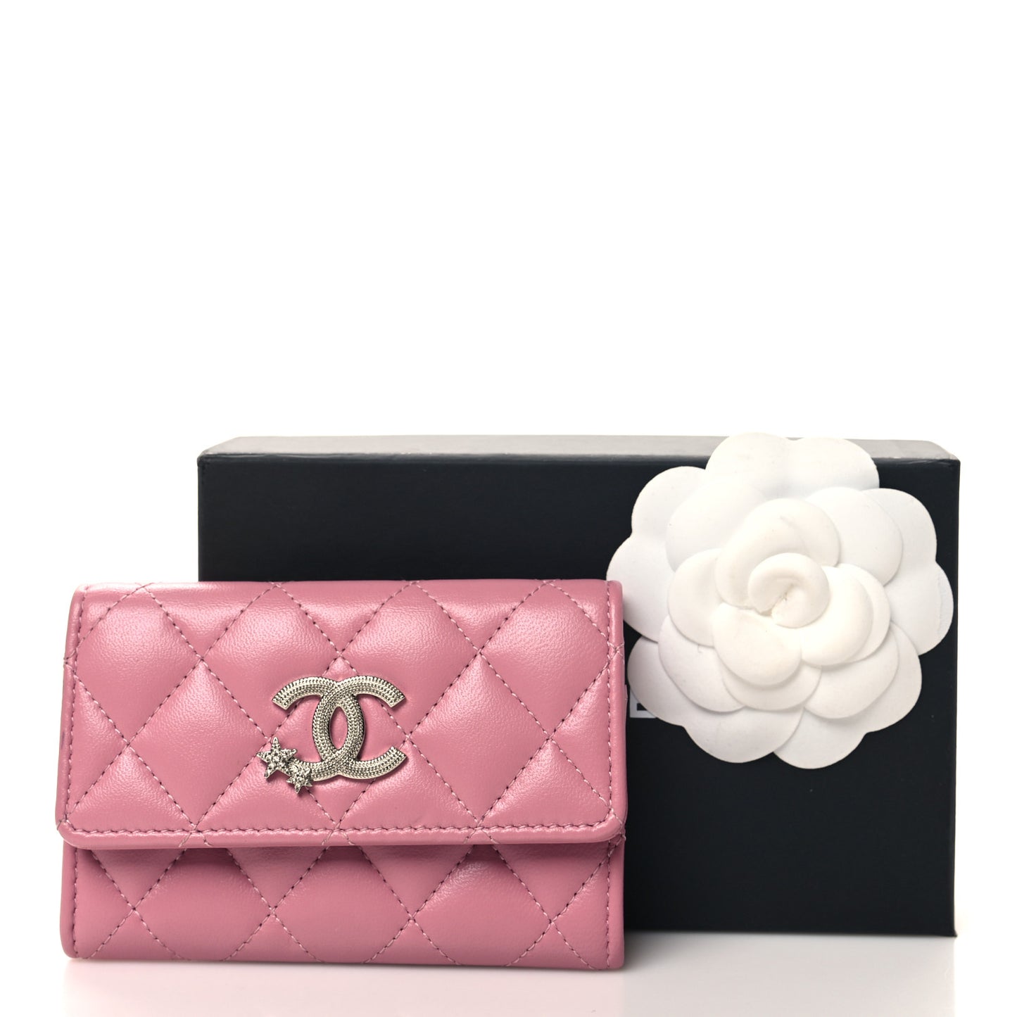 Lambskin Quilted Flap Crystal Star Card Holder Wallet Pink