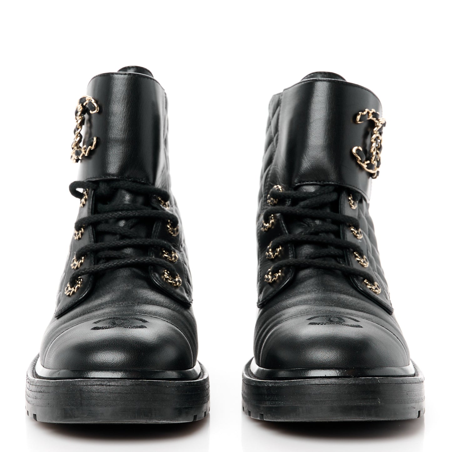 Shiny Lambskin Quilted Lace Up Combat Boots 39.5 Black