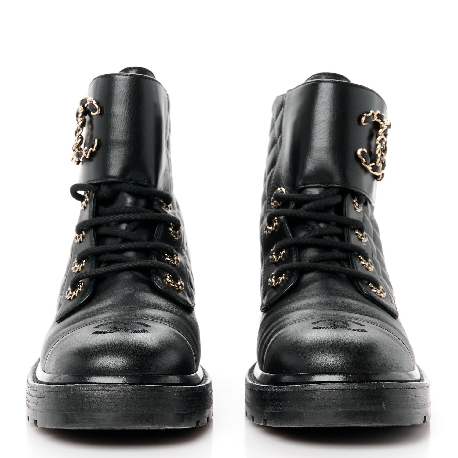 Chanel Shiny Lambskin Quilted Lace Up Combat Boots 39.5 Black 2 of 11
