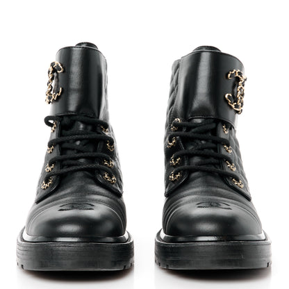 Chanel Shiny Lambskin Quilted Lace Up Combat Boots 39.5 Black 2 of 11