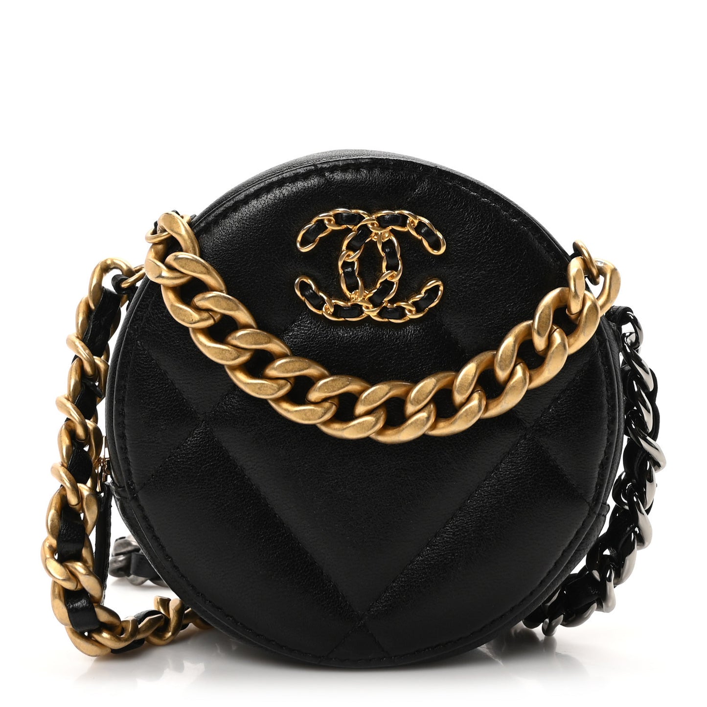Shiny Goatskin Quilted Chanel 19 Round Clutch With Chain  Black
