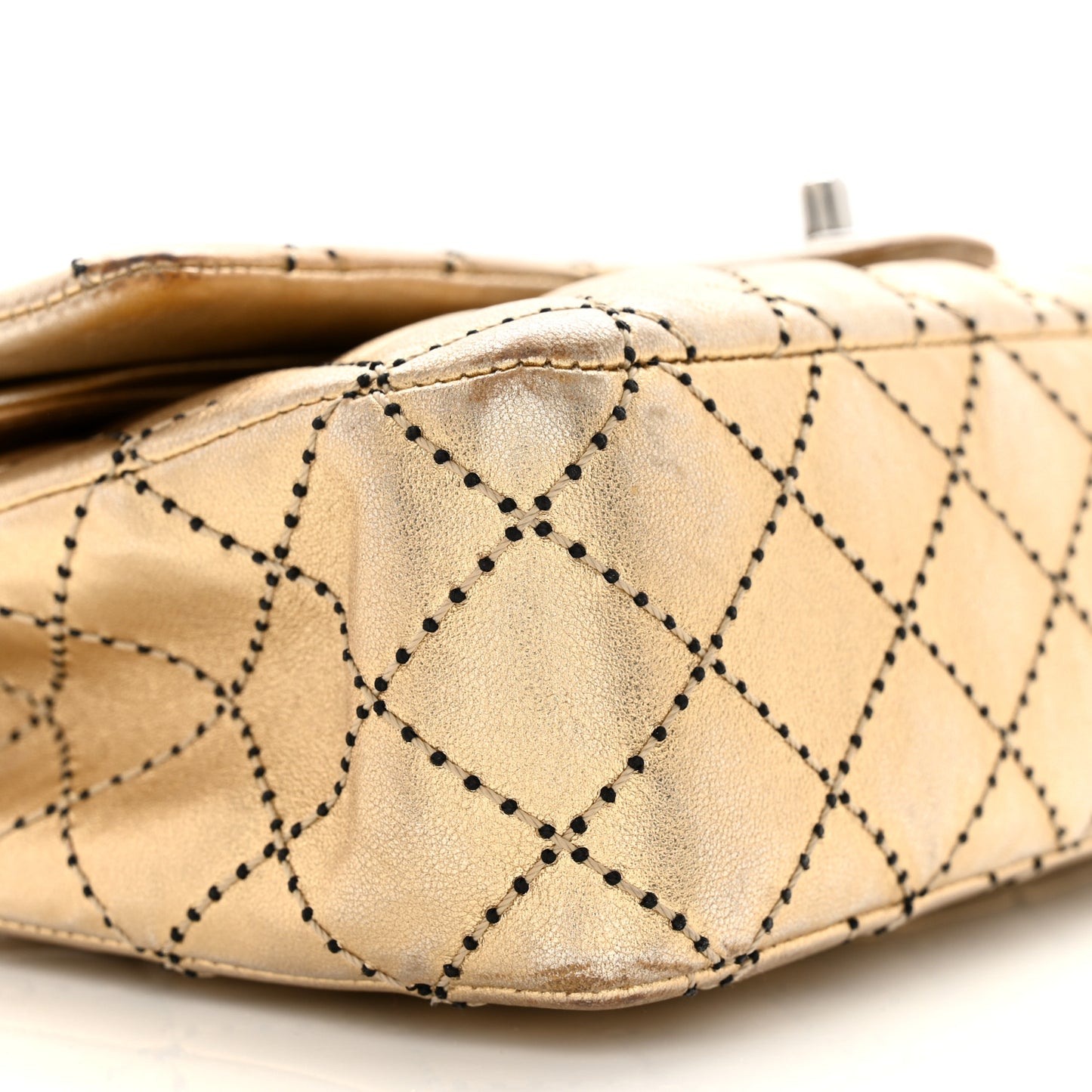 Metallic Washed Lambskin Quilted Medium Double Flap Dark Gold Black