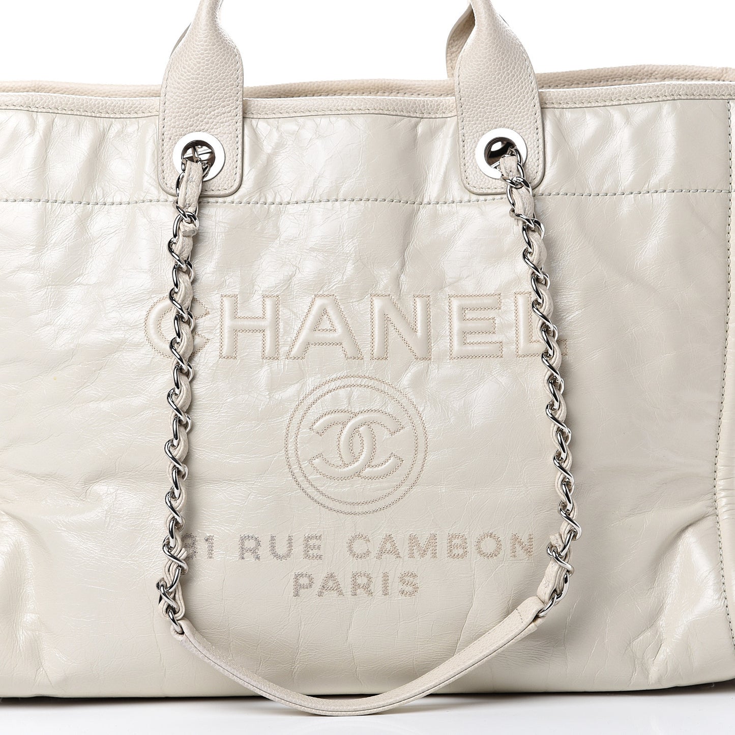 Glazed Calfskin Medium Deauville Tote Ivory