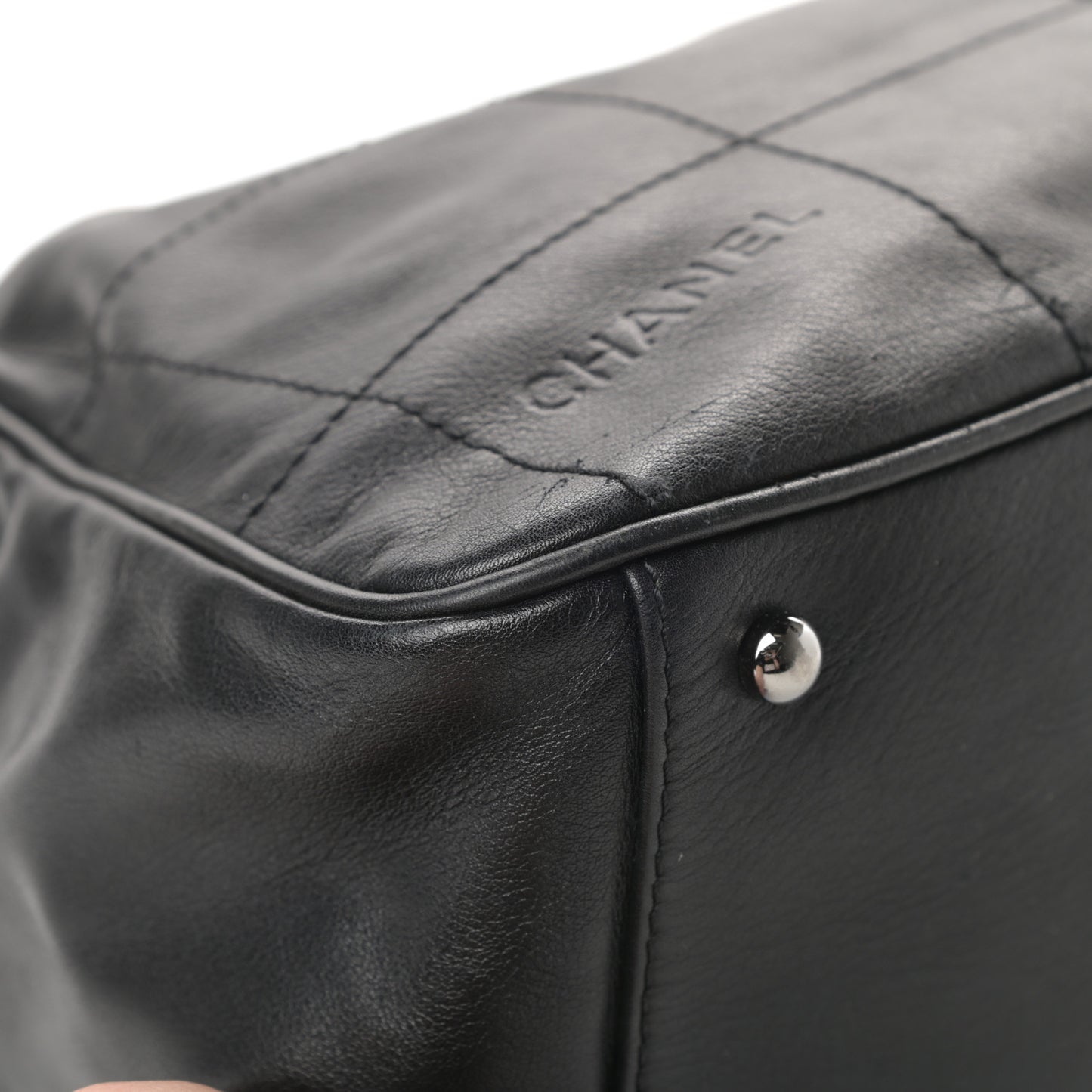 Lambskin Square Stitched Large Tote Black