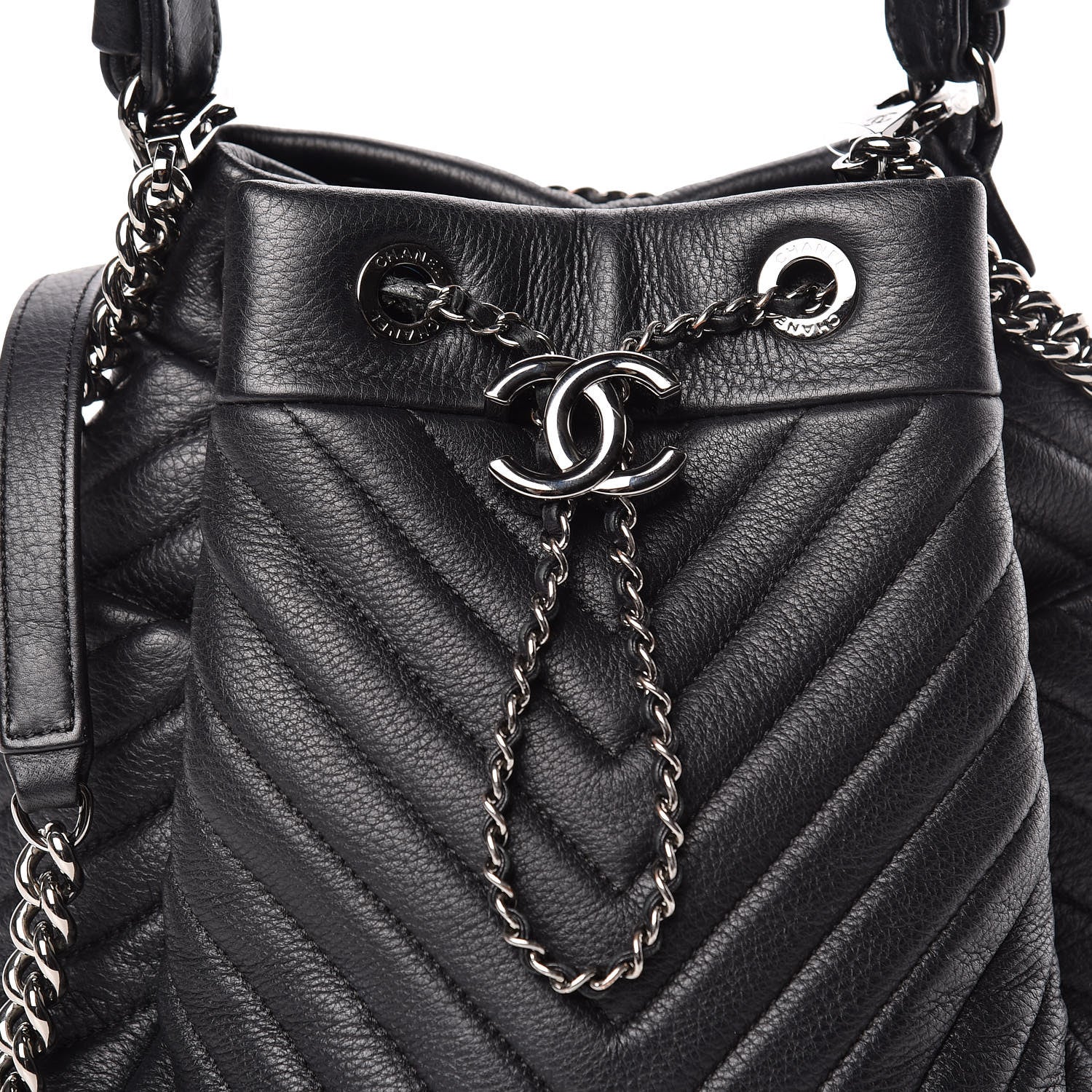 Chanel Deerskin Chevron Small CC Chain Bucket Drawstring Bag Black 10 of 10