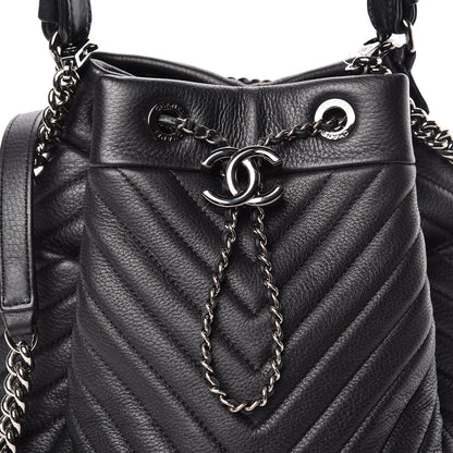 Chanel Deerskin Chevron Small CC Chain Bucket Drawstring Bag Black 10 of 10