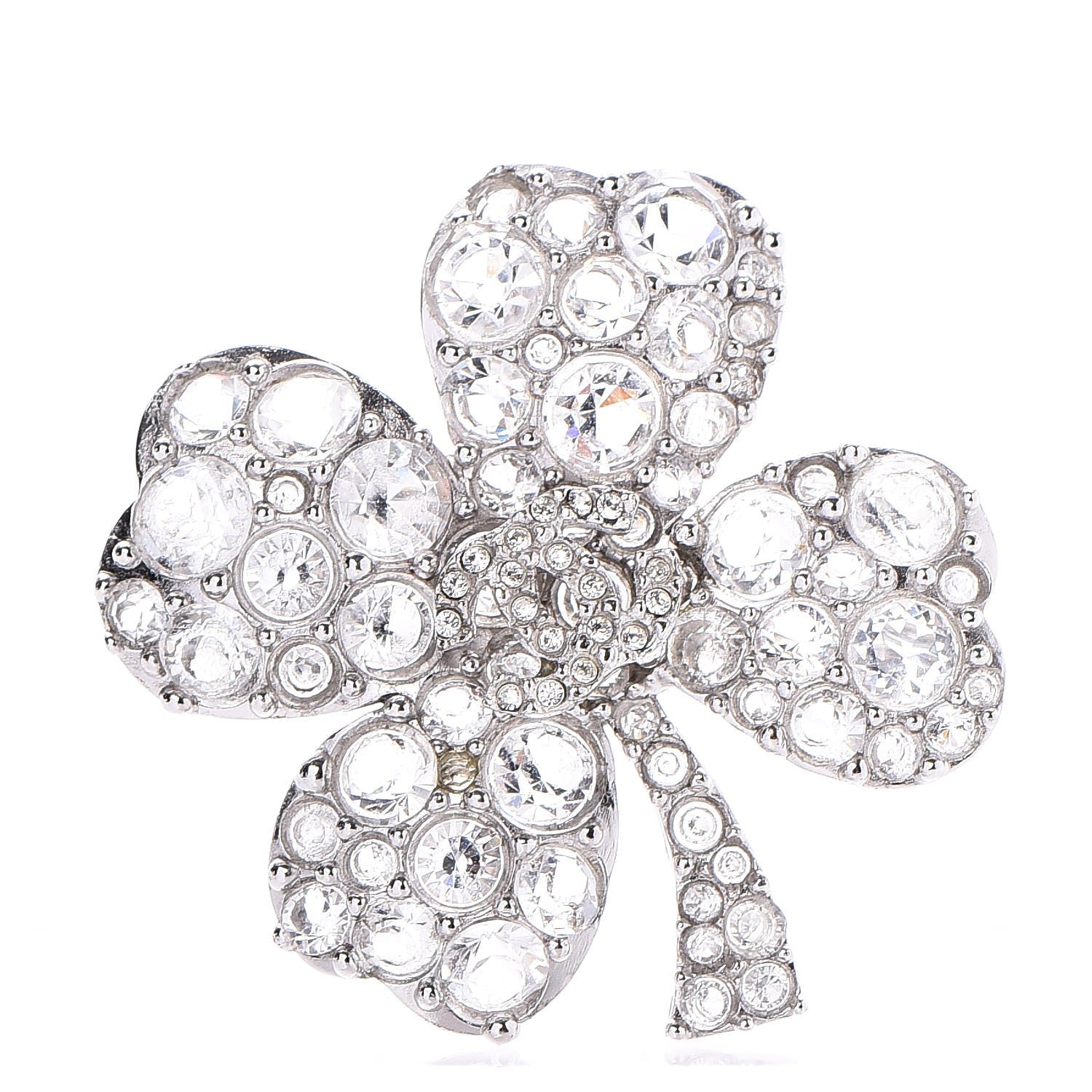 Chanel Crystal CC 4 Leaf Clover Brooch Silver 1 of 5
