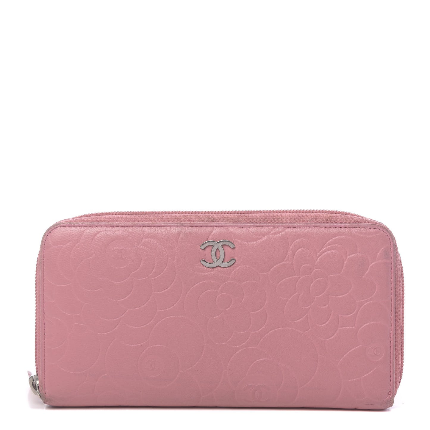 Lambskin Camellia Embossed Zip Around Large Gusset Wallet Pink