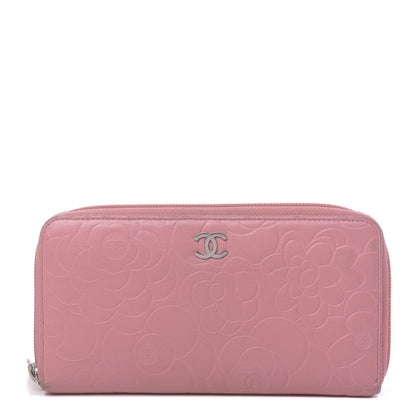 Chanel Lambskin Camellia Embossed Zip Around Large Gusset Wallet Pink 1 of 15