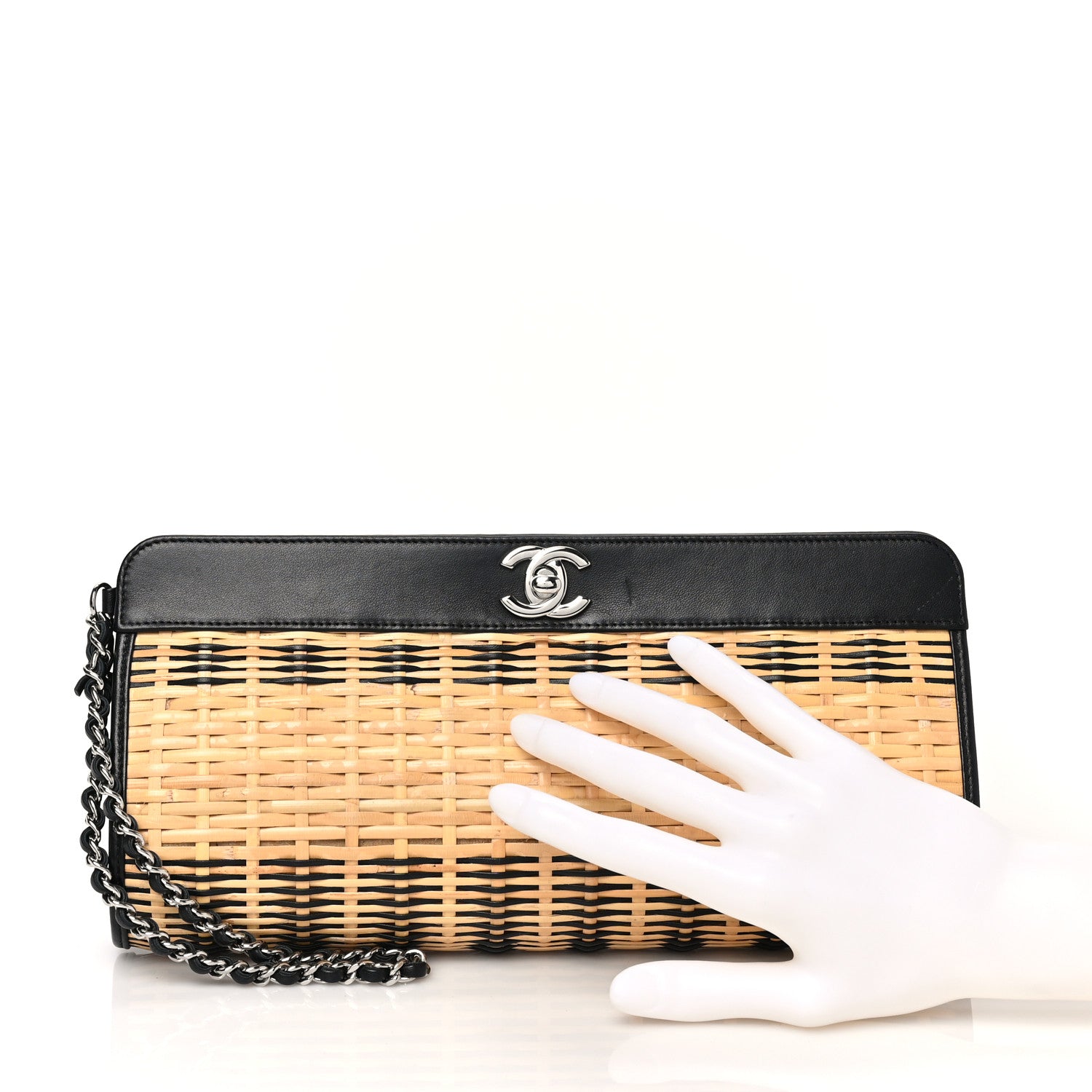 Chanel Rattan Calfskin CC Chain Wristlet Clutch Black Beige 2 of 9
