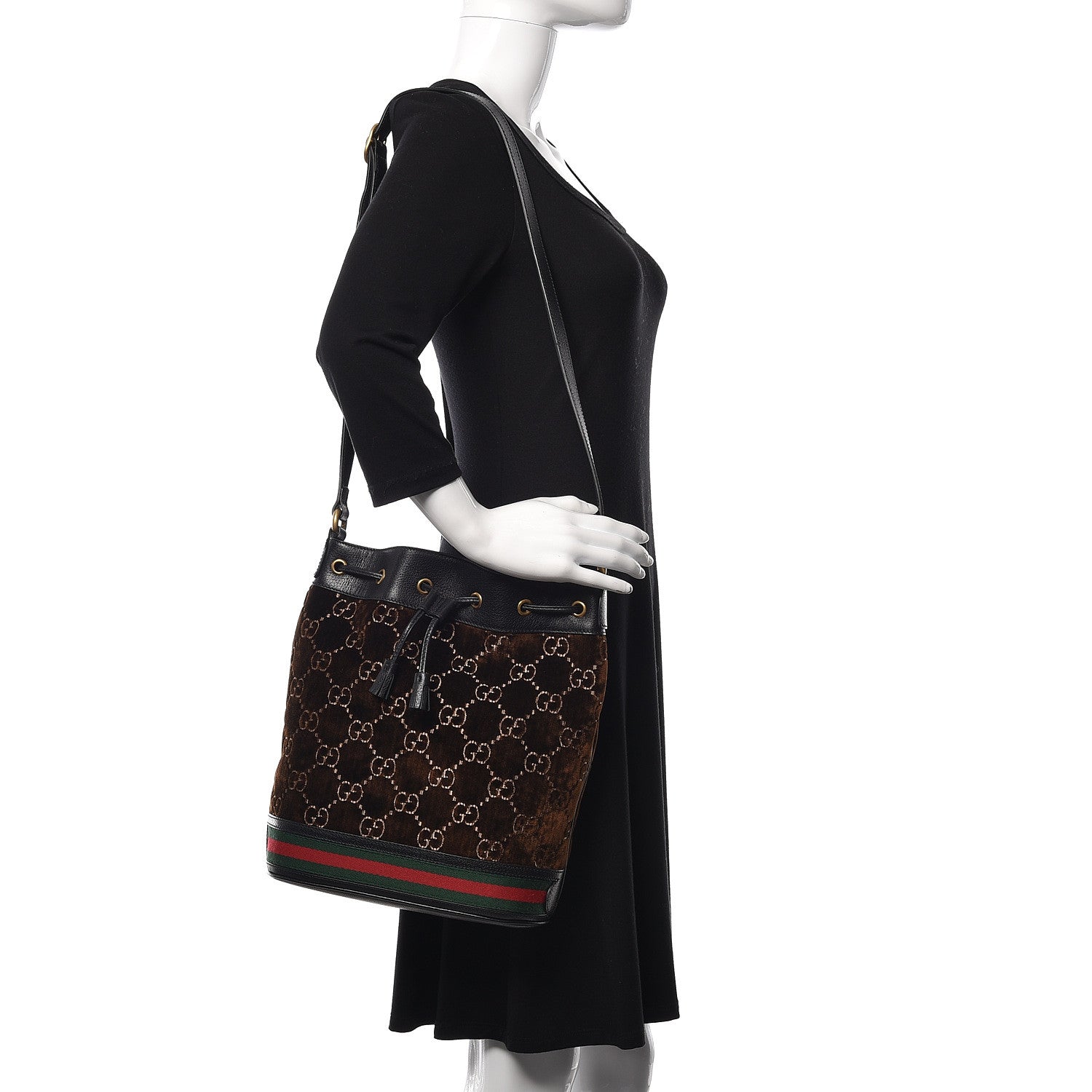 Gucci Velvet GG Monogram Textured Calfskin Web Bucket Bag Brown Black 2 of 10