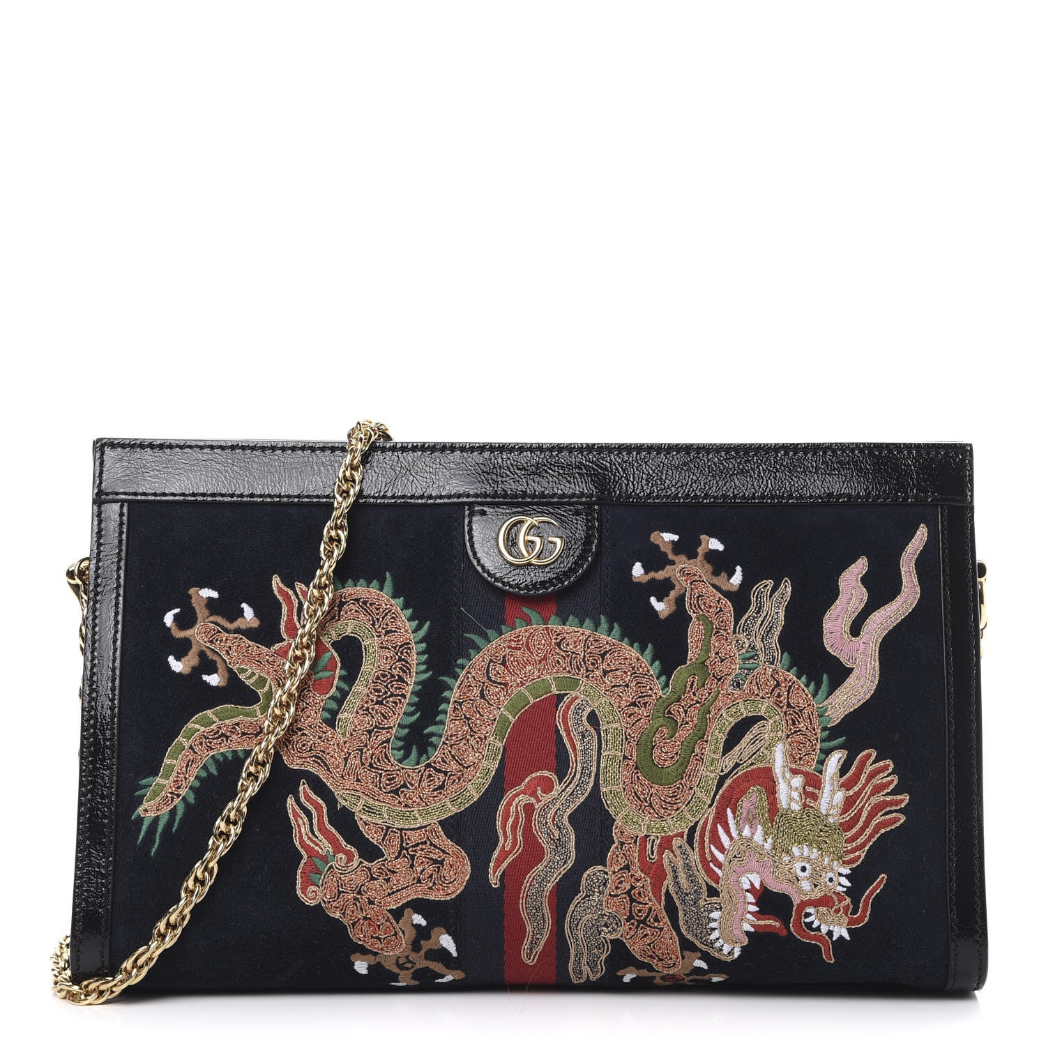 Gucci Suede Patent Web Dragon Embroidered Medium Ophidia Chain Shoulder Bag Blue Multicolor Black 1 of 14