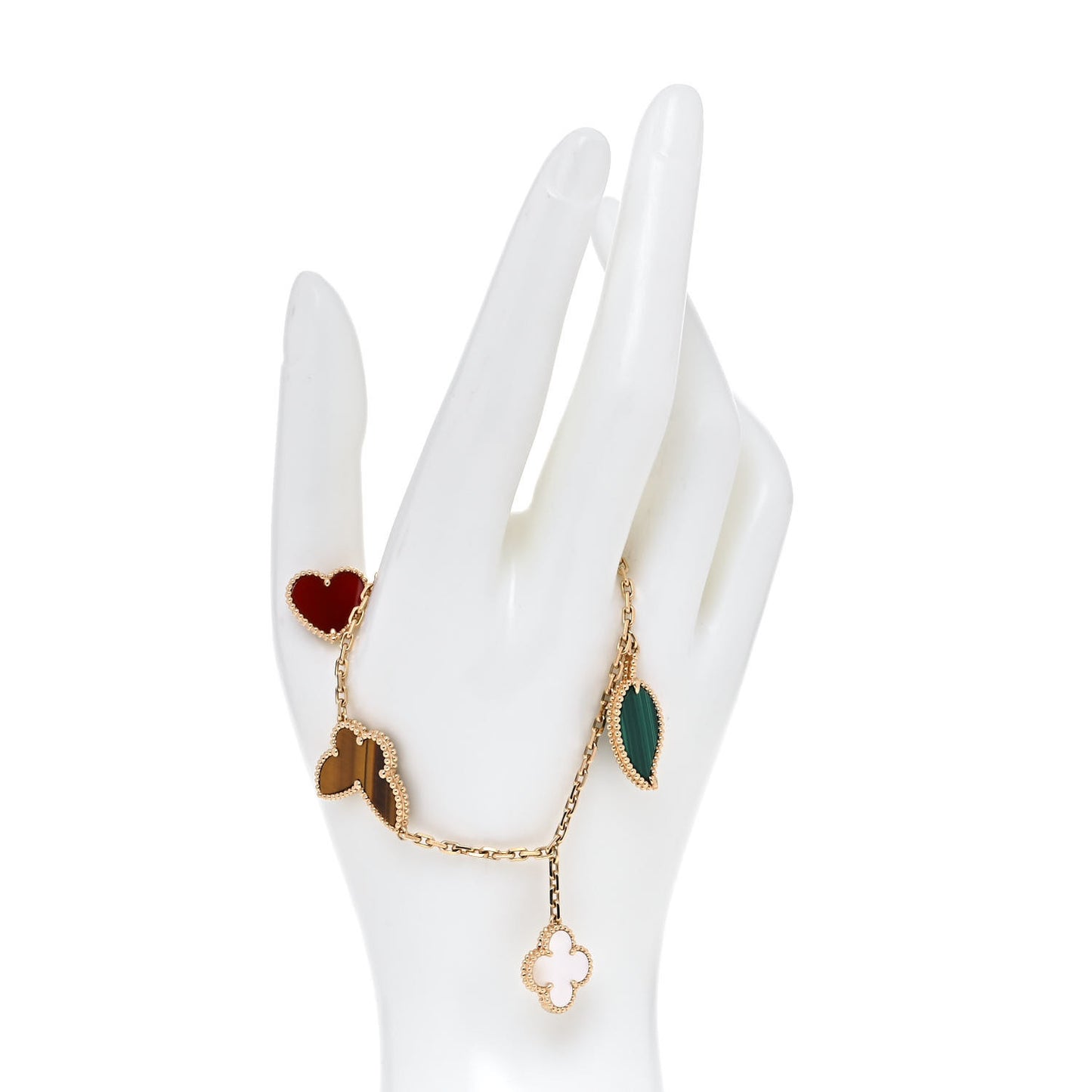 18K Yellow Gold Mother of Pearl Malachite Carnelian Tiger Eye 4 Motifs Lucky Alhambra Bracelet