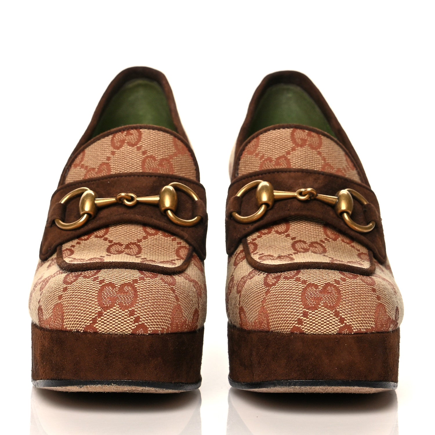 Gucci GG Monogram Suede Houdan Mid Heel Platform Loafers 35.5 Beige Ruggine Maroon 2 of 9