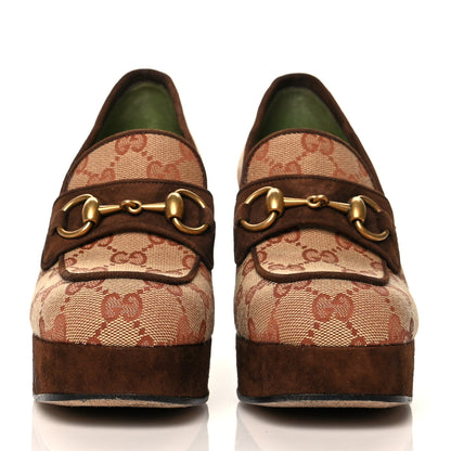 Gucci GG Monogram Suede Houdan Mid Heel Platform Loafers 35.5 Beige Ruggine Maroon 2 of 9