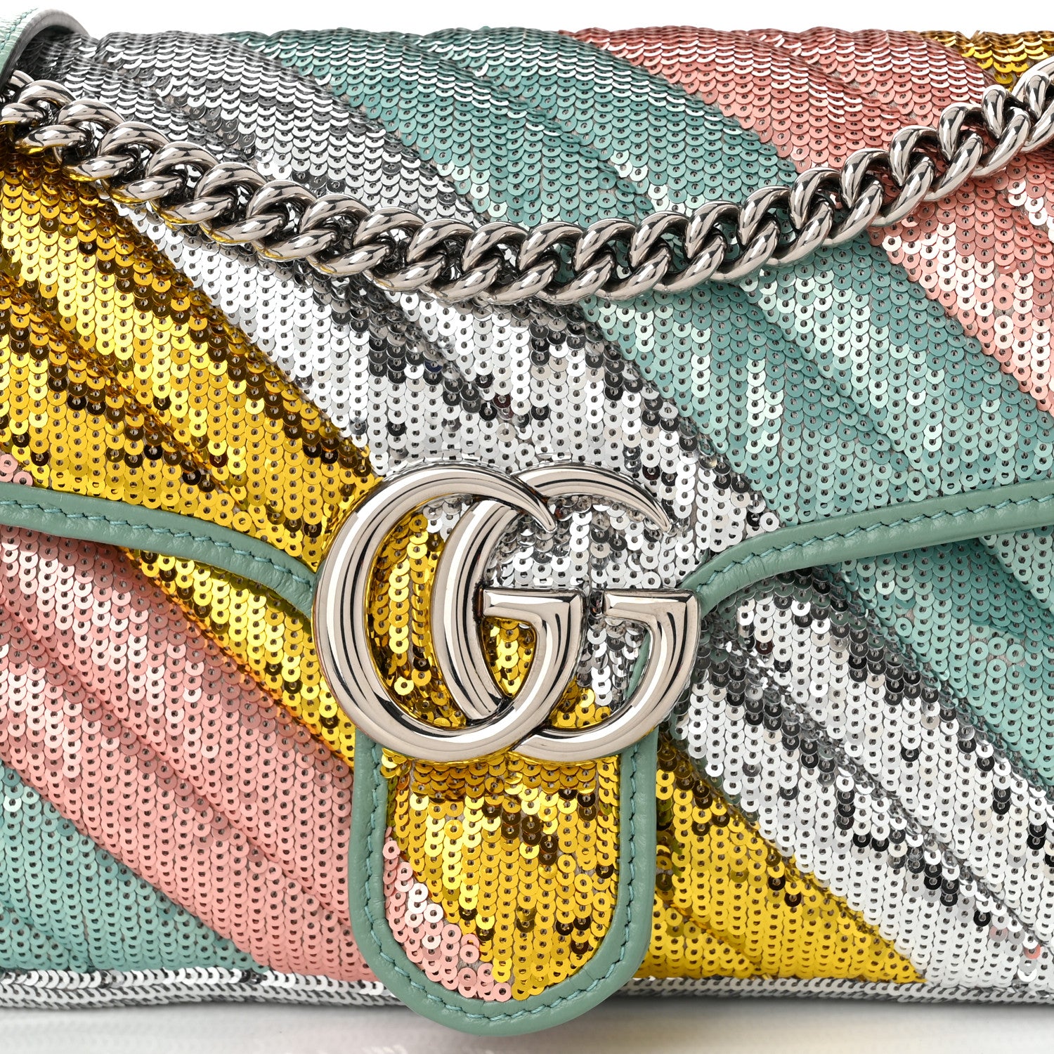 Gucci Sequin Satin Calfskin Matelasse Diagonal Small GG Marmont Shoulder Bag  Grigio Argento Verde Chiaro Rosa Giallo Light Water Green 8 of 10