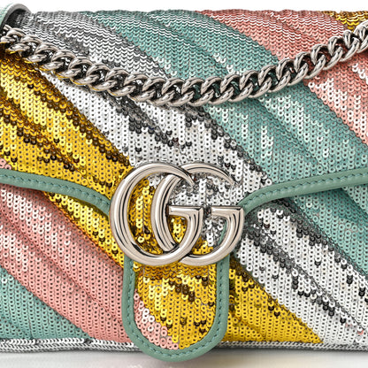 Gucci Sequin Satin Calfskin Matelasse Diagonal Small GG Marmont Shoulder Bag  Grigio Argento Verde Chiaro Rosa Giallo Light Water Green 8 of 10