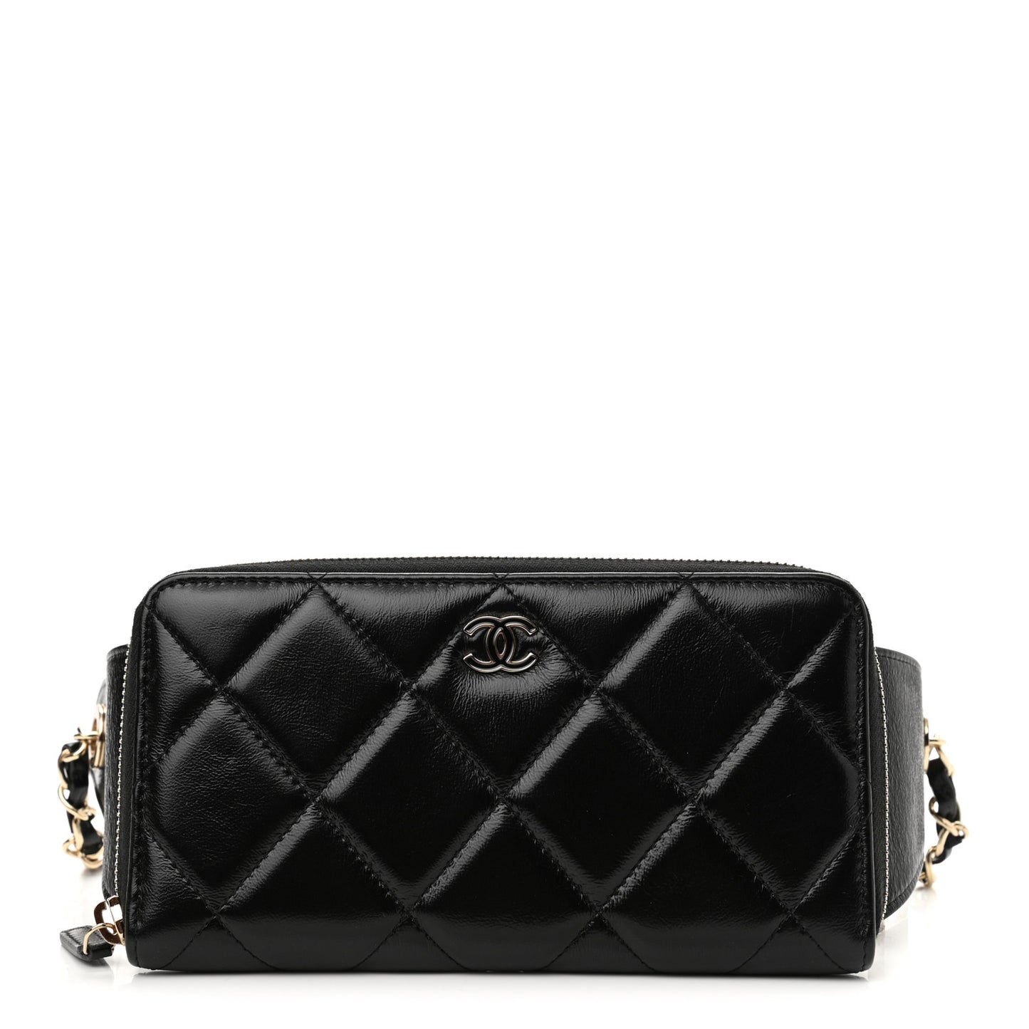 Shiny Lambskin Gusset Zip Around Waist Belt Wallet Black