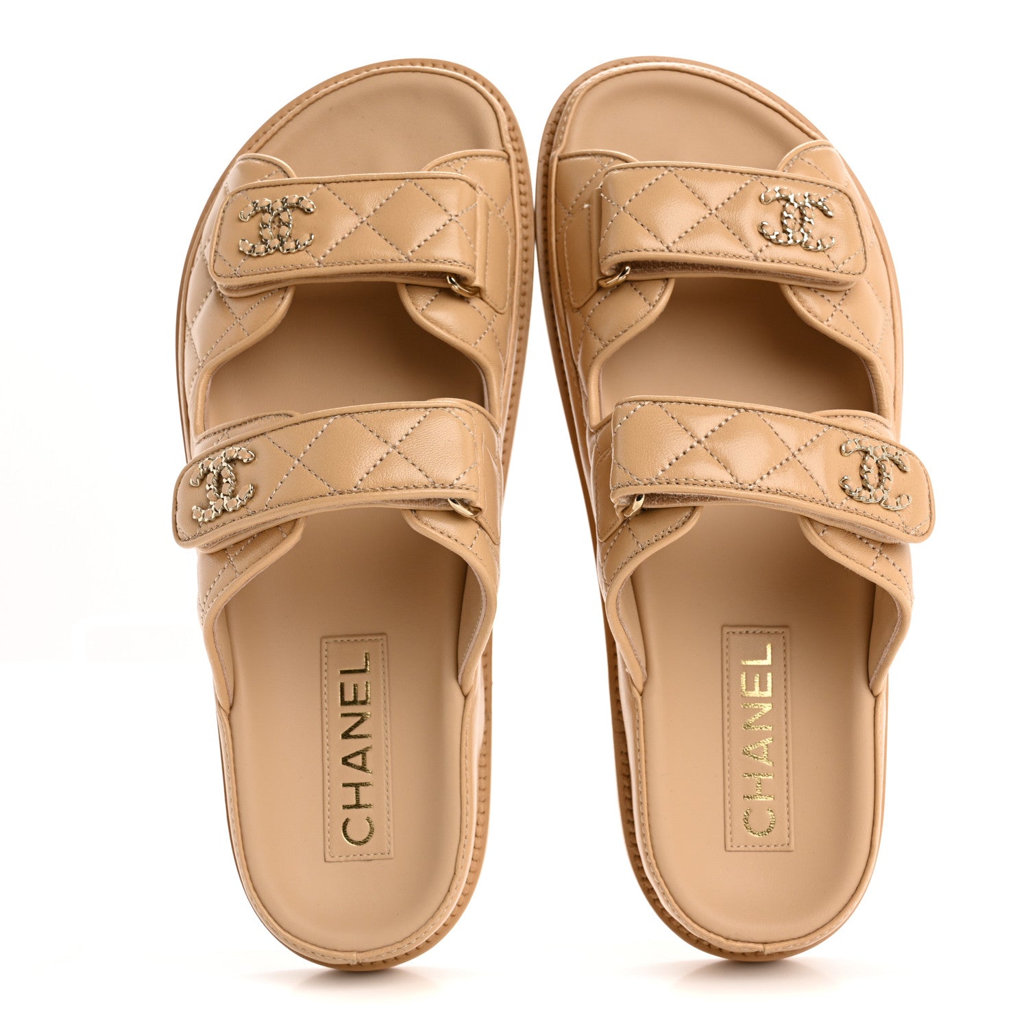 Chanel Lambskin Quilted Velcro Dad Chain CC Slide Sandals 39 Beige 2 of 10