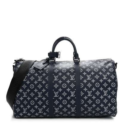 Louis Vuitton Calfskin Shadow Monogram Keepall Bandouliere 50 Ink Blue White 1 of 8