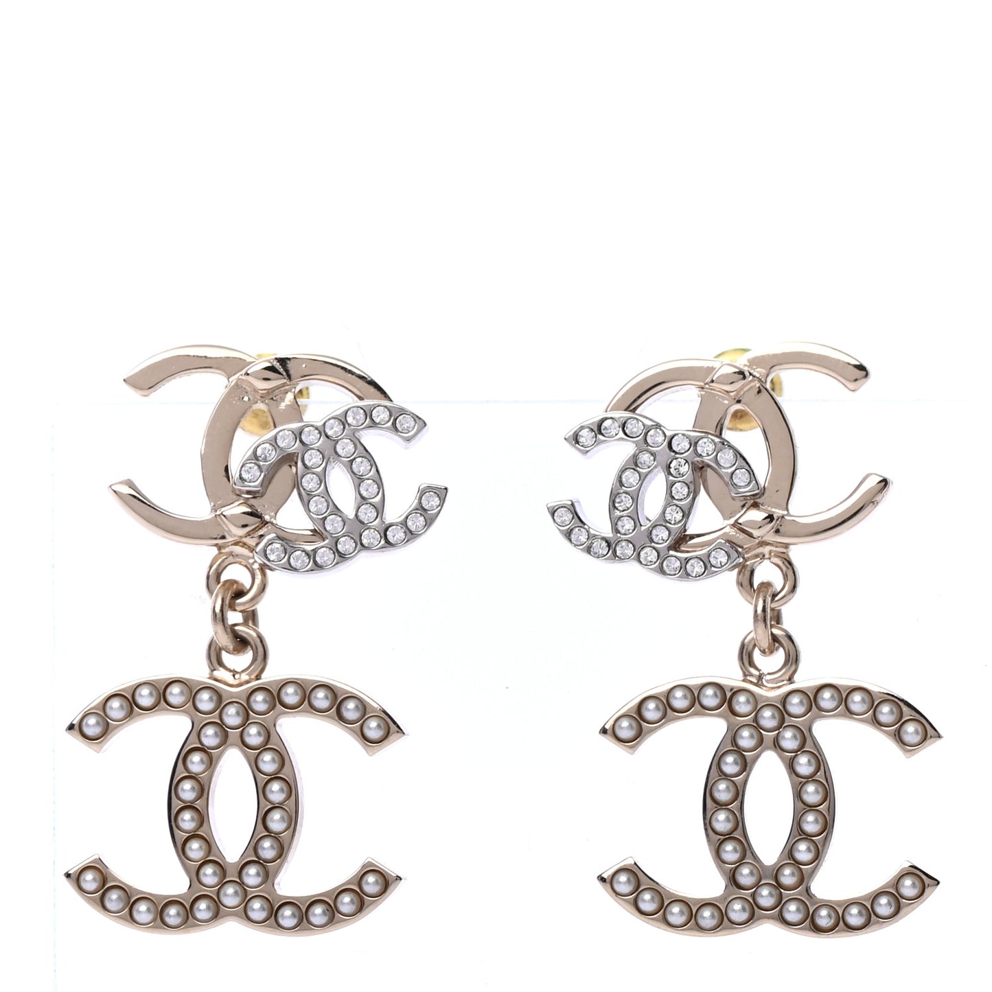 Crystal Pearl Double CC Drop Earrings Gold Silver