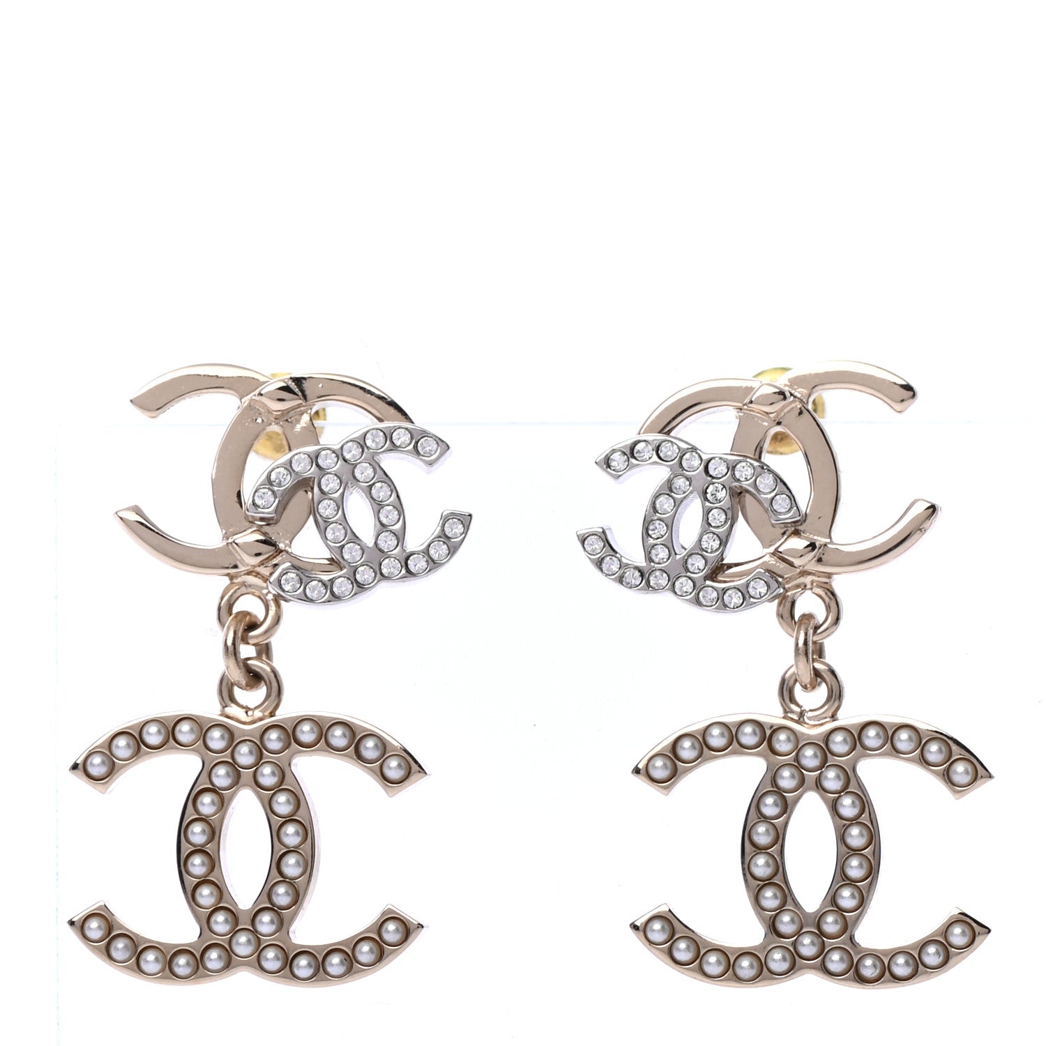 Chanel Crystal Pearl Double CC Drop Earrings Gold Silver 1 of 4