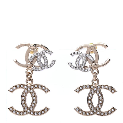 Chanel Crystal Pearl Double CC Drop Earrings Gold Silver 1 of 4