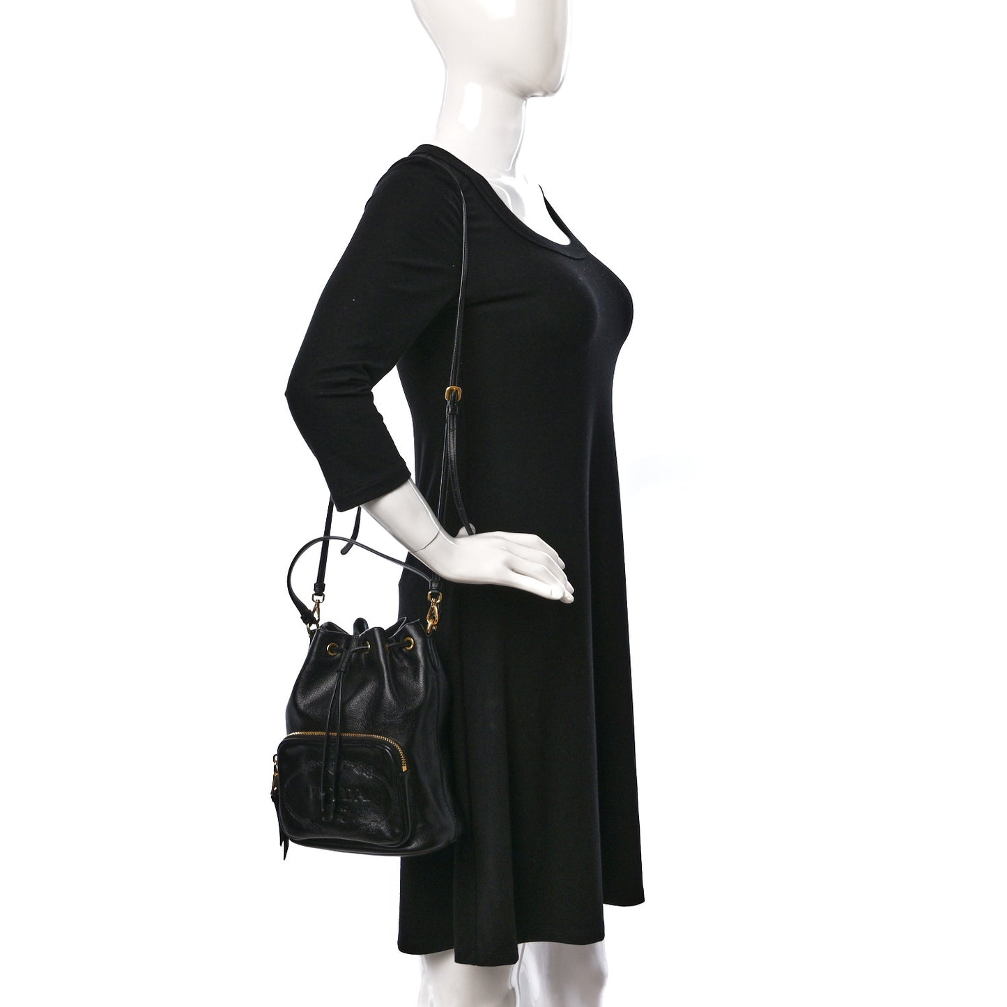 Glace Calfskin Embossed Secchiello Bucket Bag Black