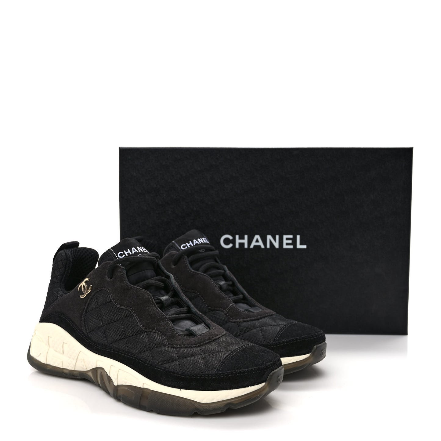 Mesh Suede Calfskin Quilted Sneakers 37 Black Dark Grey