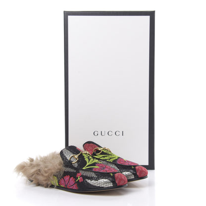 Gucci Brocade Fur Floral Womens Princetown Slippers 36 Black Anthracite 10 of 10